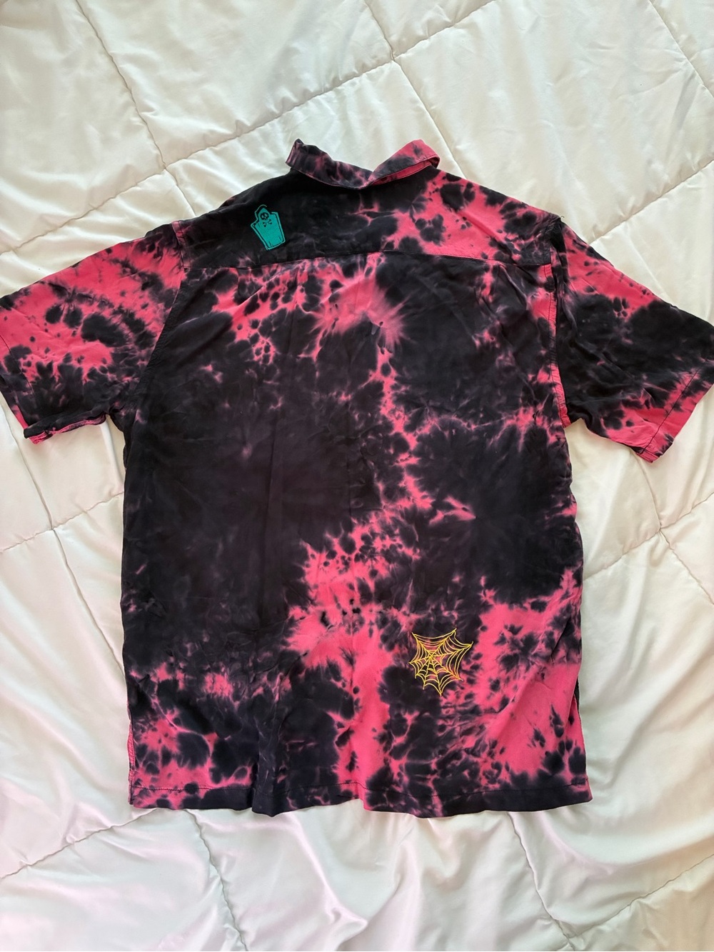 Disney Mickey Mouse Tie-Dye Halloween Button-Up Shirt in Pink and Black - Picture 2 of 5